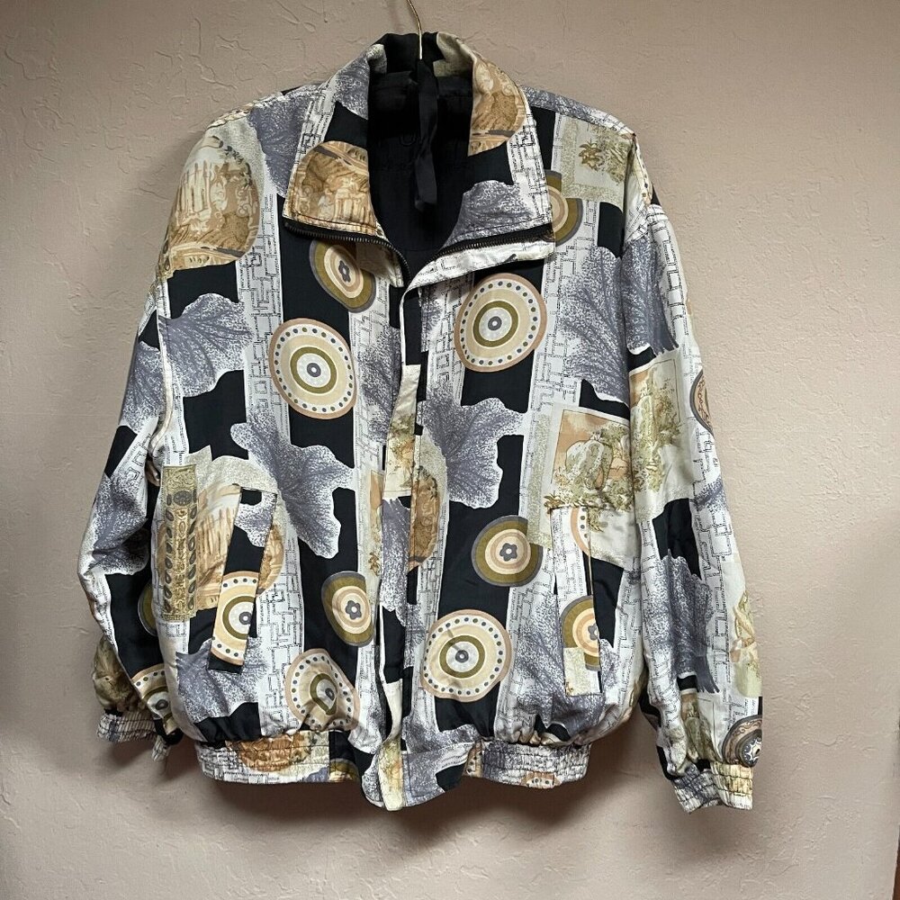 Vintage 90s Fuda International Bomber Jacket Zip Front Medium Ivory 100% Silk